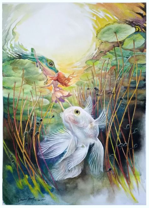 "TRUE LOVE KISS" by Doudou Huang. Paintings for Sale. Bluethumb - Online Art Gallery Goldfish Aesthetic, Goldfish Kiss Art, True Love Kiss, Goldfish Art Illustrations, Dreamscape Art, Goldfish With Big Eyes, Goldfish Japanese, Gustav Klimt Goldfish, Goldfish Art