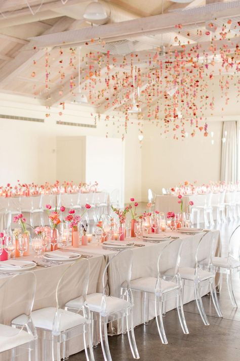 Pink Floral Installation, June Wedding Colors, Shower Flowers, Sky Blue Bridesmaid Dresses, Clear Chairs, Floral Installation, Napa Valley Wedding, Ceremony Design, Tablescape Inspiration