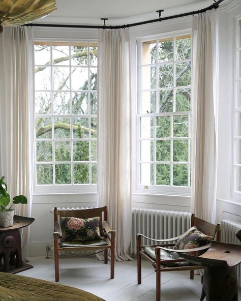 Drapes On Bay Window, Linen Curtains Bay Window, Drapes For Bay Windows, Bay Window Shutters And Curtains, Victorian Bay Window Curtains, Bay Window Styling Living Room, Style A Bay Window, Bay Window With Curtains, English Living Room Modern