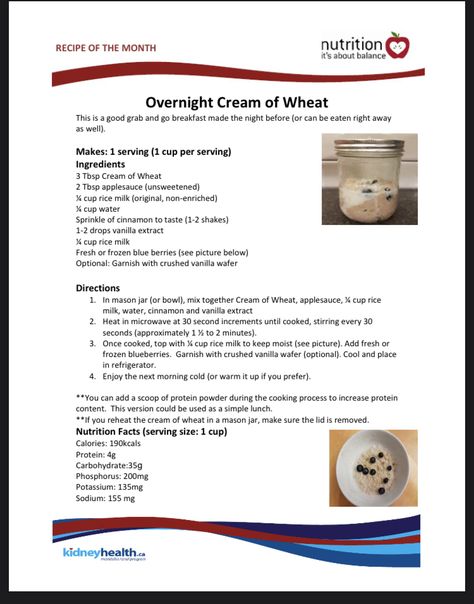 Cream Of Wheat Recipes Breakfast Healthy, Cream Of Wheat Recipes Healthy, Overnight Cream Of Wheat, Cream Of Rice, Cream Of Wheat, Wheat Recipes, Winter Cooking, Work Food, Kidney Friendly