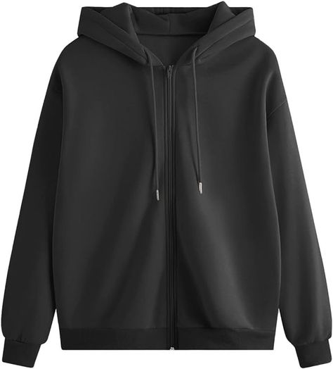 MakeMeChic Women's Zip Up Long Sleeve Drawstring Hoodie Hooded Sweatshirt Black M at Amazon Women’s Clothing store Plain White Sweatshirt, Under Armour Hoodie Women, Black Zip Up Hoodie, Zipup Hoodie, Lace Hoodie, Fashion Minimal, Mock Neck Sweatshirt, Band Hoodies, Oversize Casual