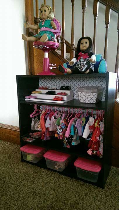 Our Generation Doll Accessories Storage, Organizing American Girl Doll Stuff, American Girl Doll Organization Ideas, American Girl Organization, My Life Doll Storage Ideas, Babydoll Storage Ideas, American Girl Storage Ideas, American Girl Doll Clothes Storage, American Doll Storage Ideas