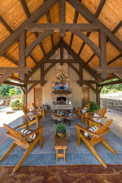 17 Captivating Patio Designs Decorated In Rustic Style Timber Frame Pavilion, Rustic Outdoor Decor, Porch Design Ideas, Rustic Patio, Outdoor Pavilion, Backyard Pavilion, Patio Gazebo, House With Porch, Porch Design