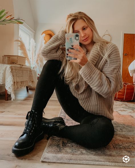 No makeup Sunday’s, it’s a thing. 🤪 Can’t go wrong with an oversized sweater, black leggings and combat boots for a stroll through Target. 🙃 http://liketk.it/2XXv3 #liketkit @liketoknow.it #LTKshoecrush #LTKunder50 #LTKunder100 #LTKFall Combat Boots And Sweater Outfit, Combat Boots And Tshirt, Black Combat Boots Winter Outfit, Guess Combat Boots Outfit, Cardigan And Combat Boots Outfit, Shiny Black Combat Boots Outfit, Combat Boots Leather Leggings, Black Boots Leggings Outfit, Outfits With Black Combat Boots Fall