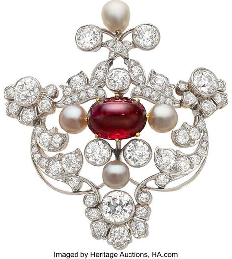 Gold Brooch, Diamond Brooch, Gold Brooches, Tiffany And Co, European Cut Diamonds, Crown Jewels, Pearl Brooch, Natural Pearl, Ruby Diamond