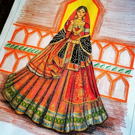 Rajasthani Dress Drawing, Drapes Illustration, Rajasthani Illustration, Symmetrical Pictures, Padmavati Movie, Bride Illustration, Bride Fashion Illustration, Rajasthani Painting, Fashion Illustration Tutorial