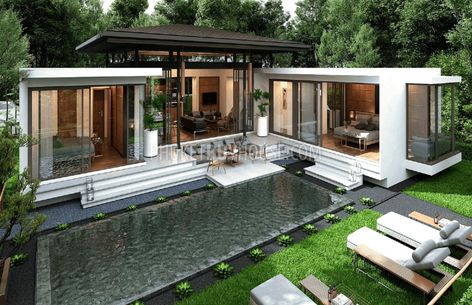 Small Villa Design House Plans, Small Villa Floor Plan, Thailand Modern House, Thailand House Design Modern, Villa 1 Floor, Small Modern Villa Design, Mini Villa Design, Small Villa Plan, Resort Floor Plan