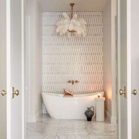 Wallpaper Behind Freestanding Tub, Freestanding Tub Niche, Light Above Tub, Tub Niche, Bathroom Chandelier Over Tub, Freestanding Tub Shower Combo, Chandelier Over Tub, Marble Master Bath, Forest Creek