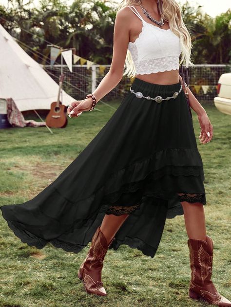 Women's Vacation Solid Color Asymmetric Lace Hem Skirt With Ruffle Detail Black Casual   Woven Fabric Plain Asymmetrical Non-Stretch  Women Clothing, size features are:Bust: ,Length: ,Sleeve Length: Long Skirt Country Outfit, Black Boho Skirt Outfit, Cowgirl Skirt Outfits, Simple Festival Outfit, Boho Skirt Outfit, Black Boho Skirt, Hankerchief Skirt, Cowgirl Skirt, Black Ruffle Skirt