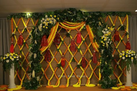 Decoration with marigold and puppets. Mayra Function Decoration, Mayra Decoration, Rajasthani Theme, Sangeet Decor, Function Hall, Wedding Decor Inspiration, Mandala Drawing, Decoration Ideas, Puppets