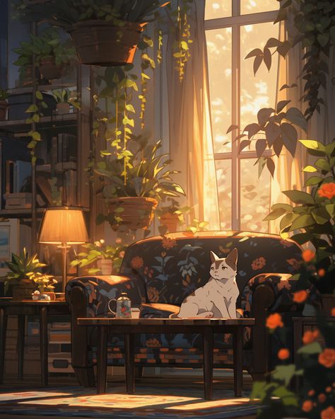 Cozy Living Room Illustration, Lofi Aesthetic Living Room, Cozy Fantasy Art, Cozy Room Illustration, Cozy Room Drawing, Indoor Illustration, Chill Picture, Fantasy Interior, Living Room Illustration