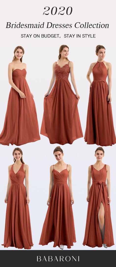 Sku: Hundreds Available Price: $99.00 Color: Rust Size: All Sizes Available These are stunning full-length chiffon gowns made of great quality, which makes you look elegant. #babaroni #bigsale #2020wedding #weddinginspiration #wedding #wedding #weddings #weddings #weddingdress #weddingdresses #bridalgown #bridesmaid #bridesmaiddress #bridesmaidgown #bridesmaidgowns#bridesmaiddrsses #chiffondress #longdress #dreamdress #longgown#rustcolor Fall Wedding Mums, Wedding Entourage Dress, Rust Bridesmaid Dresses, Beige Wedding Dress, Brides Maid Gown, Rust Color Dress, Rust Bridesmaid Dress, Color Terracota, Bridesmaid Dress Collection