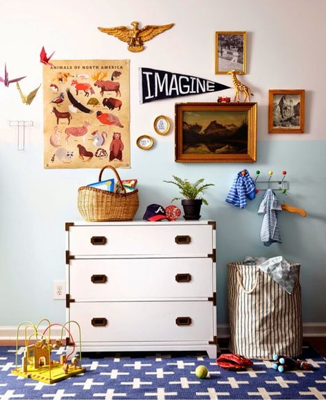 eclectic kids' rooms - doesn't this room have a distinctive Wes Anderson vibe? Wes Anderson Decor, Nursery Collage, Boy Nursery Design, Nursery Inspiration Boy, Eclectic Kids Room, Two Tone Walls, Campaign Dresser, Adventure Nursery, Big Kids Room