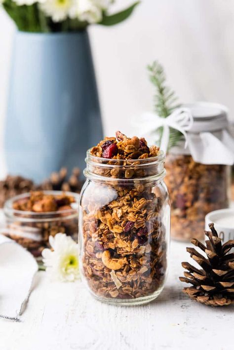 Gingerbread Granola is a great way to spread a little holiday cheer! Made with molasses, maple syrup and kissed with spices and candied ginger, this granola recipe is perfect for breakfast, over eggnog ice cream, or shared with friends for a simple and delicious homemade gift! gingerbread granola // ginger granola // ginger molasses granola #gingerbread #granola #recipe #healthy #vegan #homemade #Christmas #KitchenConfidante Molasses Granola, Gingerbread Granola Recipe, Ginger Granola, Eggnog Ice Cream, Gingerbread Granola, Granola Recipe Healthy, Ginger Molasses, Toast In The Oven, Breakfast Quiche