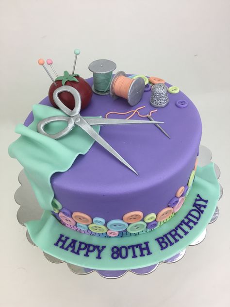 Sewing themed birthday cake Sewing Themed Birthday Cakes, Birthday Cake For Crafter, Craft Themed Cake, Sewing Birthday Cake, Craft Theme Cake, Sewing Cake Ideas, Cakes For Grandmas Birthday, Tailor Cake Ideas, Sewing Theme Cake