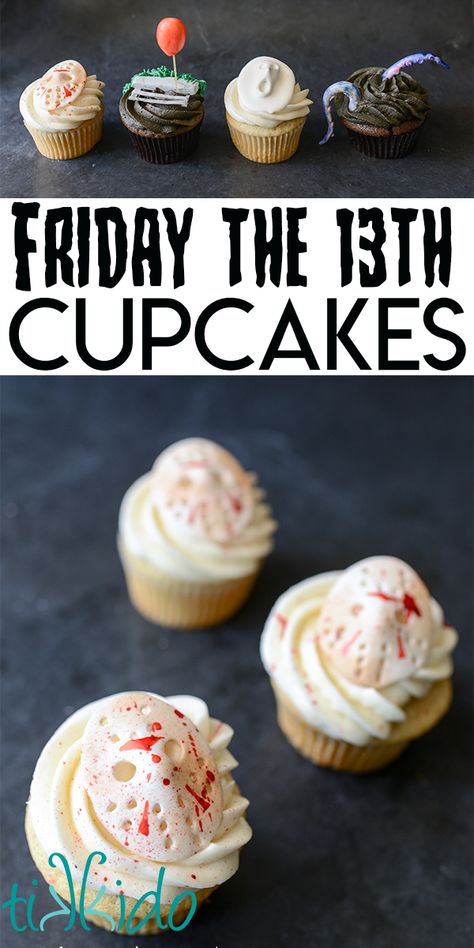 Horror Movie Themed Treats, Scary Movie Cupcakes, Horror Themed Cupcakes, Friday The 13th Cupcakes, Horror Movie Treats, Horror Movie Cupcakes, Friday The 13th Food Ideas, Friday The 13th Birthday Party, Horror Cupcakes