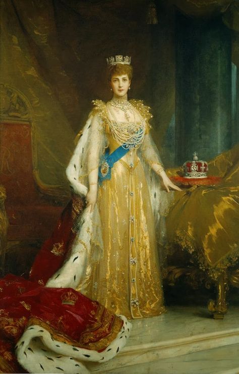 Queen Alexandra in her coronation gown and robes, by Sir Luke Fildes, 1905.  (The artist has added the Garter riband and badge, which the queen did not wear during the coronation.) Coronation Robes, Era Victoria, Alexandra Of Denmark, Coronation Dress, Edward Viii, Palace London, Queen Alexandra, King Edward Vii, William Henry