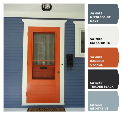 Paint colors from Chip It! by Sherwin-Williams Orange Trim House Exterior, Orange Shutters Exterior, Houses With Orange Doors, Orange Front Door Blue House, Black House Orange Door, Orange Doors On Houses, Blue House Orange Door, Orange Exterior House Colors, Orange House Exterior