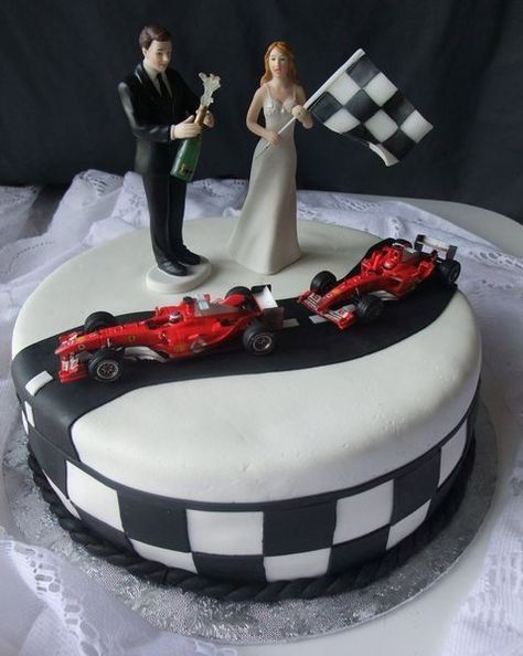 Cake Topper F1 Wedding, Car Themed Wedding, Striped Wedding Cake, Ferrari Cake, Racing Cake, Marigold Wedding, Barn Cake, Racing Theme, Themed Wedding Cakes