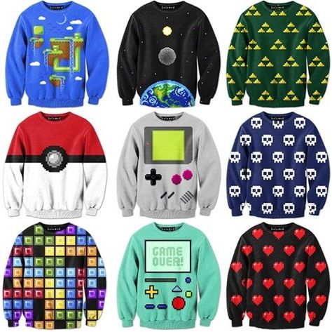 Gamer sweaters! Pixel Clothes, Geeky Clothes, Like Video, Nerd Fashion, Geek Fashion, Ugly Sweater Party, Geek Chic, 8 Bit, Ugly Sweater