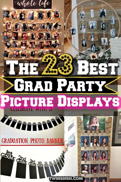 Senior Pictures Display, Graduation Picture Frame Ideas Diy, Picture Frame Table Centerpieces, Table Top Picture Display Ideas, Graduation Picture Table Display, Graduation Photo Centerpiece Ideas, Grad Party Memory Table, Graduation Tables Display, College Table Display