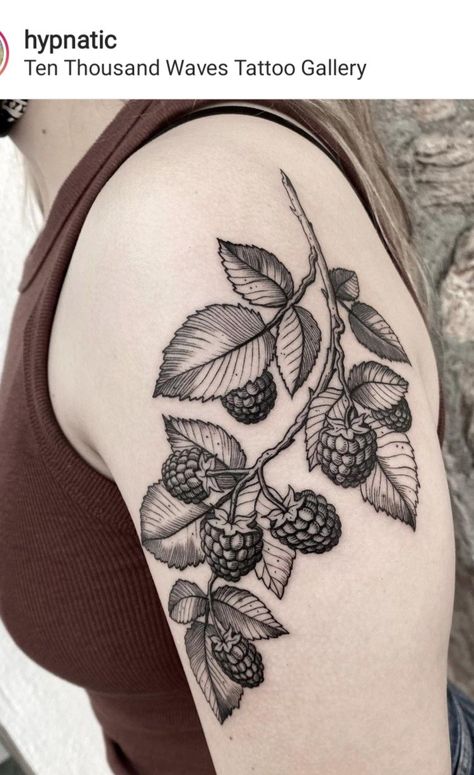 Hip Tattoo Botanical, Mulberry Bush Tattoo, Blackberry Hip Tattoo, Raspberry Branch Drawing, Blackberry Arm Tattoo, Blackberry Collar Bone Tattoo, Berry Tattoo Black And White, Fine Line Berry Tattoo, Plant Tattoo Sleeve Botanical Prints