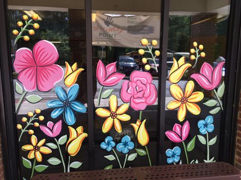 Spring Window Painting Ideas, Storefront Window Painting, Spring Window Painting, Window Painting Ideas, Fall Window Painting, Hand Painted Windows, Painted Window Art, Window Paintings, Girls Camp Crafts