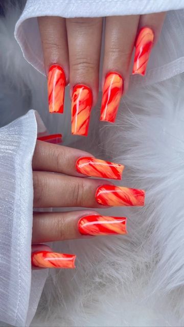 Nail Education ✨Acrylic Nail Appointments✨ on Instagram: "Is it summer time yet? Book your appointments ladies #orangenails #squarenails #longnails #summernails #miaminails #browardnails #davienails #prettynails #nailsnailsnails" Orange Marble Nails Acrylic, Orange Marble Nails, Marble Nails Acrylic, Nail Education, Orange Marble, Blooming Gel, Miami Nails, Pretty Nail Art Designs, Pretty Nail Art