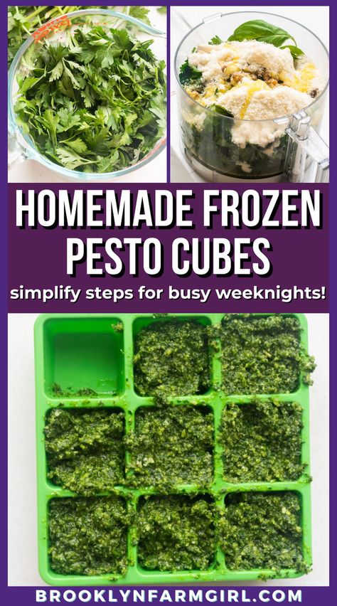 a square ice cube tray with 9 compartments with 8 filled with frozen pesto cubes Pesto Cubes, Fresh Pesto Recipe, Freezing Pesto, Vegetable Dip, Garden Herbs, Pesto Recipe, Chicken Marinades, Basil Pesto, Family Dinners