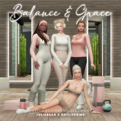 BALANCE AND GRACE COLLECTION - JOLIEBEAN X DAYLIFESIMS | Patreon Sims 4 Pilates, Cc The Sims 4, Pilates Poses, Sporty Shorts, Sims 4 Update, Classic Wardrobe Staples, Simulation Games, Yoga Set, Sims 4 Cc