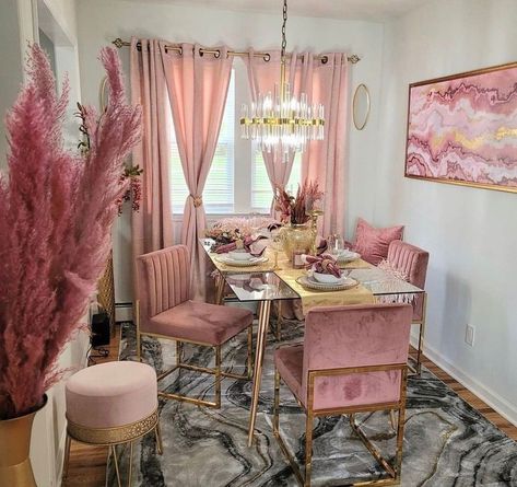 Dining Room Decor For Apartment, Y2k Dining Room, Dinning Room Curtain Ideas, Barbiecore Bedroom, Pink Dining Room Table, Glam Dining Room Decor, Women Cave Ideas, Girly Living Room Ideas, Apartment Dining Room Decor