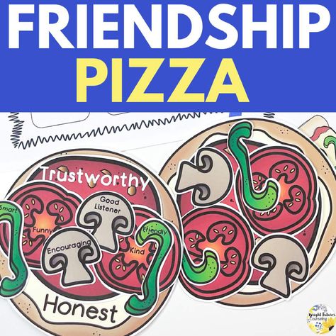 Friendship Pizza is a fun and hands-on activity for younger elementary students to identify the qualities of a good friend. This activity is perfect to use in an elementary small group, class lesson, or individual session. The finished friendship pizzas are also super fun to use with a bulletin board or as classroom decor! **Now includes a ready-to-use digital version** ACTIVITY INCLUDES: Fill in the blank worksheet Write and draw worksheet Craft with pre-printed friendship characteristics Craft Qualities Of A Good Friend, Friendship Activity, Friendship Crafts, Adolescent Therapy, Positive Behavior Intervention, Friendship Activities, Friendship Group, Counseling Lessons, Elementary Counseling