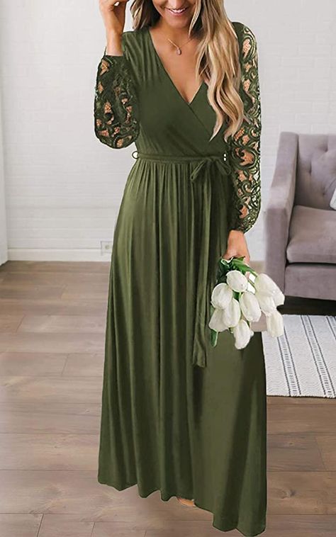 Forest Green Long Dress, Olive Green Bridesmaid Dress Long Sleeve, Sage And Forest Green Bridesmaid Dresses, Long Sleeve Olive Green Dress, Maid Of Honor Dress Long, Lace Sleeve Bridesmaid Dress, Olive Green Maxi Dress, Olive Maxi Dress, Olive Green Bridesmaid Dresses