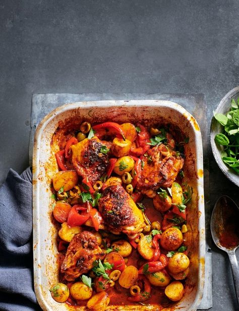 Flavour chicken thighs with sweet smoked paprika and honey, then roast until sweet and sticky alongside new potatoes, red peppers and green olives. Chicken Traybake, Chicken Tray Bake, Spanish Chicken, Pan Cooking, Chicken Leg Recipes, Tray Bake Recipes, Pineapple Recipes, Chicken Bake, Stuffed Whole Chicken