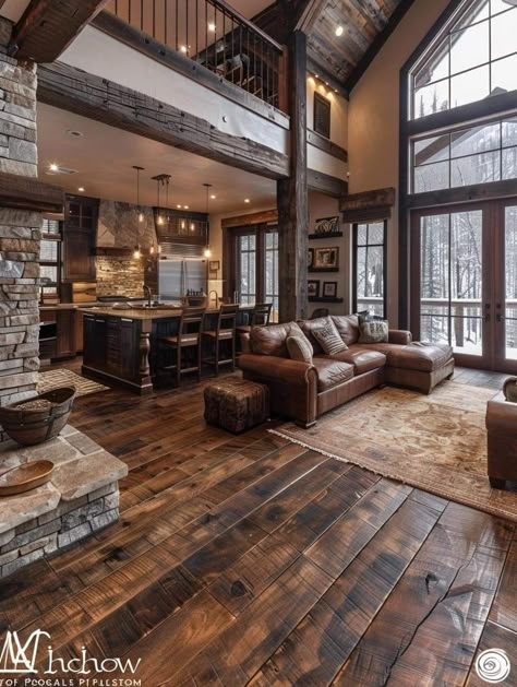 Wood House Interior, Cottage Chic Kitchen, Modern Rustic Cabin, Loft House Design, Log Houses, Rustic Log Cabin, Hardwood Floors Dark, House Essentials, Barndominium Floor Plans