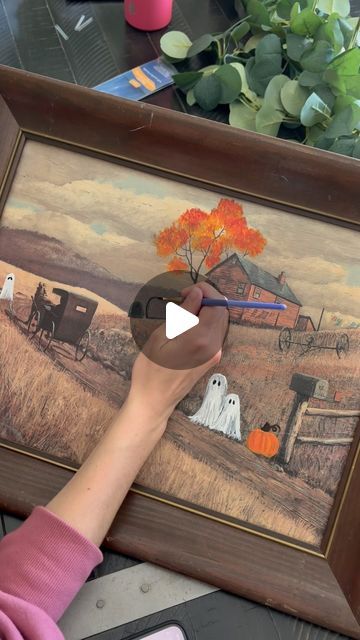 Kirsten Gray on Instagram: "It’s that time again!!!!  #spookyseason #halloween #halloweendecorations #decoration #painting #crafty #crafting #thriftedghostpainting #theifting #ghostpainting #ghost #fall" Halloween Painting On Thrifted Art, Goodwill Ghost Painting, Painting Ghosts On Thrifted Art, Diy Halloween Pictures, Hobby Lobby Paintings, Ghost Painting Ideas, Diy Halloween Art, Ghost Paintings, Ghost Painting