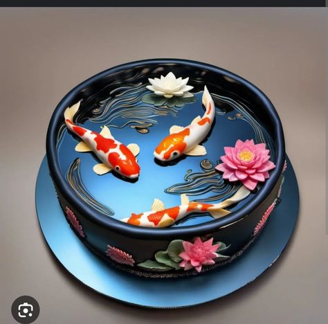 Koi Pond Cake, Pond Cake Ideas, Koi Fish Cake, Koi Cake, Pond Cake, Jelly Art, Carpe Koi, Koi Fish Pond, Jelly Cake