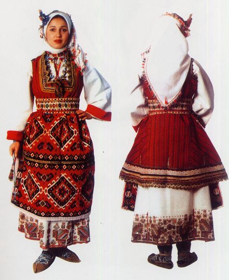 FolkCostume: Costume and embroidery of Skopska Blatija, Macedonia Bulgarian Clothing, Greek Costume, Folk Clothing, National Dress, Folk Dresses, European Women, Traditional Fashion, Historical Costume, Folk Costume