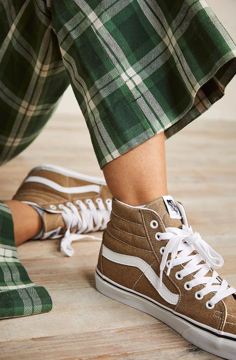 Vans Sk8 Hi Outfit Woman, Van High Tops Outfit, Vans Sk8 Hi Outfit, Sk8 Hi Outfit, Vans Shoes High Tops, Tan Vans, Yellow Vans, Vans High, Tan Sneakers