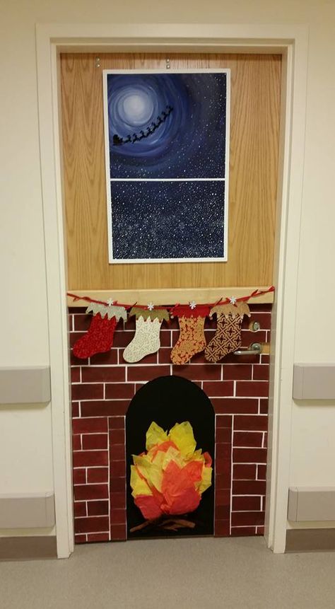 Christmas Fireplace Door Decoration, Fireplace Classroom Door Decoration, Christmas Breakroom Ideas, Fireplace Classroom Door, Fireplace Door Decoration Christmas, Christmas Door Fireplace, Door Decorations College, Diy Christmas Door Decorations, Door Decorations Classroom Christmas