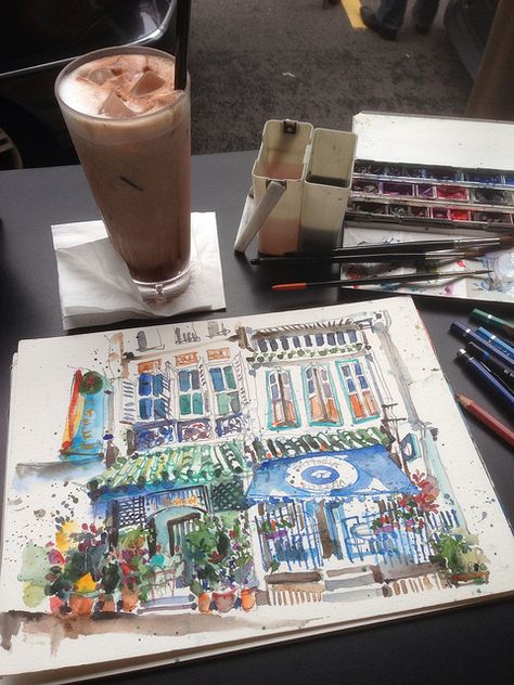 Sketching at ClubStreet by PaulArtSG, via Flickr Art Cafe Aesthetic, Street Sketching, Sketching Aesthetic, Travel Sketchbook, Watercolor Journal, Watercolor Sketchbook, Artist Aesthetic, 수채화 그림, Urban Sketchers