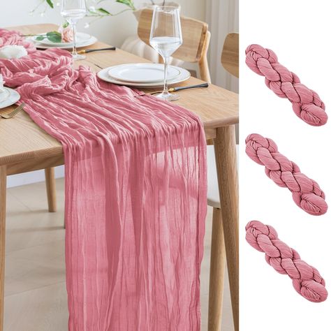 PRICES MAY VARY. 【Cheesecloth Table Runner】 Size: 35" W x 120" L. You will get 3 pieces 10FT length cheesecloth table runner. The sheer rustic table runner is long enough to span a large table and drape gracefully across the table. It will gently sway in the wind, adding a romantic atmosphere to your occasion. These eye-catching gauze table runners are ideal for arranging an elegant, stylish tablescape. 【Soft and Reusable】 The long table runner is made of good wrinkled design gauze fabric. The v Vintage Wedding Table, Rustic Table Runners, Table Runner Size, Long Table Runner, Table Runners Wedding, Party Table Decorations, Pink Boho, Bridal Shower Party, Gauze Fabric