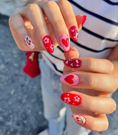 Vday Nails, Red Valentine, Valentine Nail Art, February Nails, Cherry Nails, Colorful Nails, Nail Designs Valentines, White Nail, Heart Nails