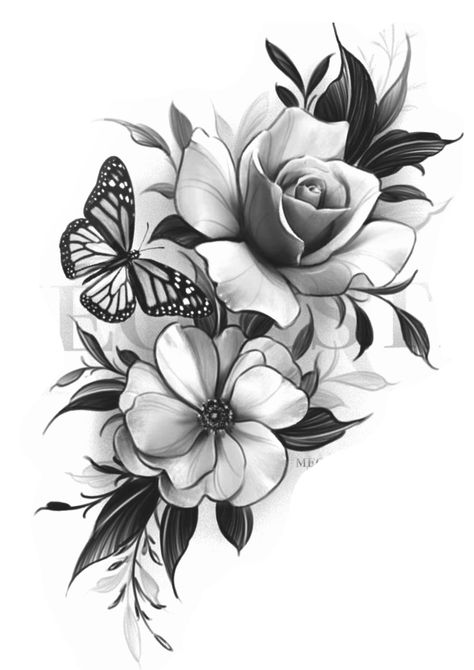 Butterfly Tattoo Reference, White Rose Tattoo Design, Rose Butterfly Tattoo Design, Snake Flower Tattoo Design, Flowers With Butterfly Tattoo, Rose And Butterfly Tattoo Design, African Warrior Tattoos, Lace Thigh Tattoos, Kitsune Tattoo