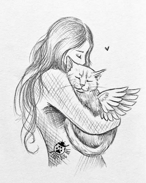 Newest prints added to the website 🧡 . https://www.ladybugart.co.uk/prints Cat Angel Drawing, Cat And Girl Drawing, Girl And Cat Drawing, Girl With Cat Drawing, Cat With Wings Drawing, Minimalist Doodles, Pet Loss Cat, Angel Cats, Arte Aries