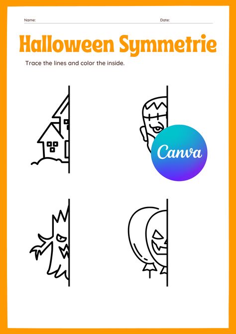 Halloween Symmetrie Werkblad Groep 1 Canva Templates Kleuters Thema Halloween, Worksheet Template, Canva Templates, Halloween Fun, Design Details, Pie Chart, Halloween, Orange, Canvas