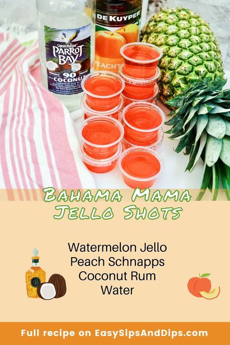 You can't beat the fruity, island flavors of Bahama Mama Jello Shots, made with coconut rum and peach schnapps. Their beautiful pinkish-orange color brightens up every party! Bahama Mama Jello Shots, Peach Jello Shots, Rum Jello Shots, Pina Colada Jello Shots, Watermelon Jello Shots, Bahama Mama Cocktail, Peach Rum, Rum Cocktails Easy, Watermelon Jello