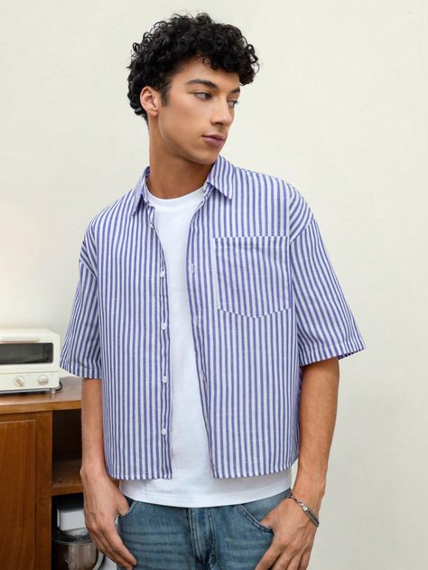 Men's Casual Loose Fit Striped Short Sleeve Woven Baggy Shirt Blue Casual  Short Sleeve Woven Fabric Striped Shirt Non-Stretch  Men Clothing, size features are:Bust: ,Length: ,Sleeve Length: Baggy T Shirts, Baggy Shirt, Baggy T-shirt, Street Style Outfits Men, Oversize Casual, Striped Short, Casual Stripes, Mens Plus Size, Camisa Polo