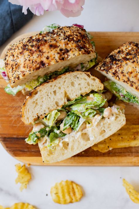 Chickpea Caesar Salad Sandwiches Chickpea Caesar Salad, Mashed Chickpeas, Vegan Caesar Dressing, Vegan Sandwiches, Vegan Caesar, Vegan Summer Recipes, Cold Sandwiches, Caesar Dressing, Vegan Sandwich