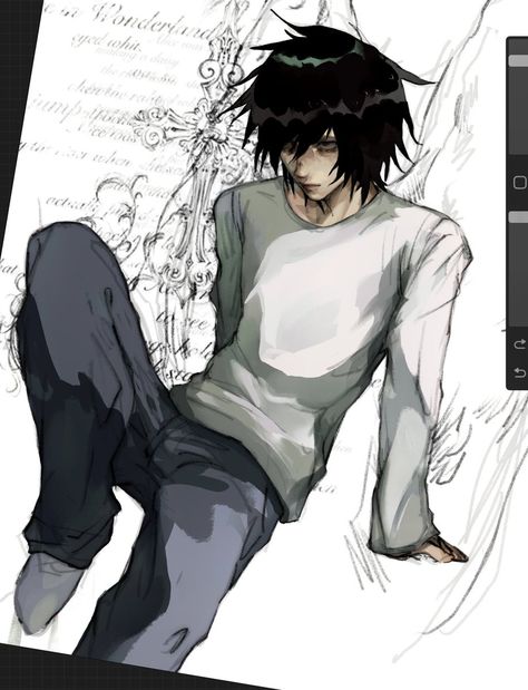 DRAKON ✮ в X: «he does look really edgy #lawliet #ryuzaki #L #deathnote #fanart https://t.co/lNdolqHWwC» / X Deathnote Fanart, L Chibi, L Deathnote, L Wallpaper, Notes Art, L Lawliet, Book Inspiration, Drawing Reference Poses, Art Reference Photos